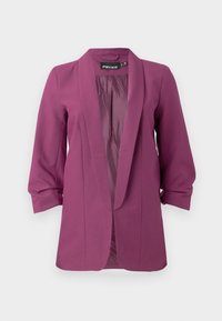 Veste fuchsia avec col châle, devant à un bouton, manches trois-quarts et doublure lisse. Tissu doux, silhouette structurée.