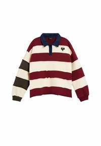 Pruhovaný polo sveter v marónovej, krémovej a olivovej farbe s dlhými rukávmi, námorníckym golierom a malým logom na ľavej strane. Mäkká textúra, voľný strih.
