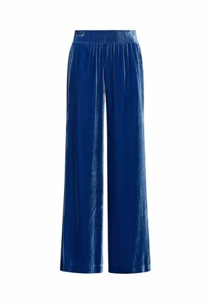 Pantalon large bleu en tissu lisse, avec une taille élastique et une coupe ample et fluide qui s'étend jusqu'à la cheville.