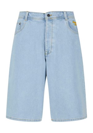 Lyseblå denim shorts med lige snit, med knaplukning i livet, forlommer og et diskret logo over den højre lomme.