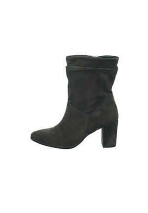 Black suede ankle boots with a slouchy design, pointed toe, and a chunky heel. Features a smooth texture and subtle stitching details.