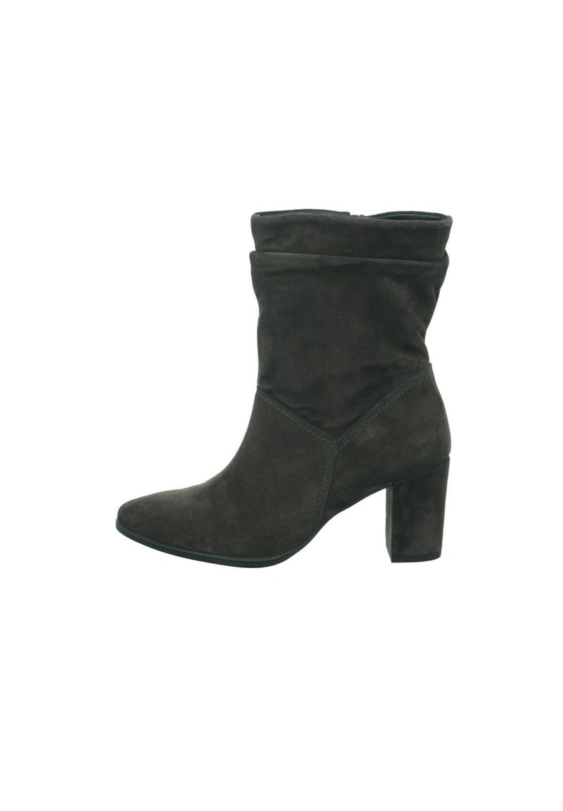 Black suede ankle boots with a slouchy design, pointed toe, and a chunky heel. Features a smooth texture and subtle stitching details.