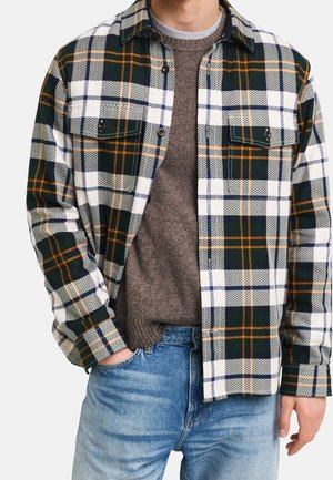 Homme portant une chemise à carreaux verte, blanche et orange boutonnée sur un pull marron et un jean bleu, main dans la poche.