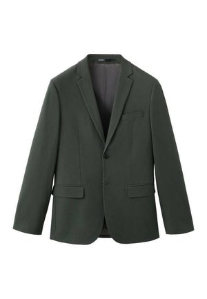 Blazer vert foncé en tissu lisse avec une fermeture à un bouton, des revers crantés et deux poches avant. Aucun motif ou accent visible.