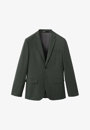 Blazer vert foncé en tissu lisse avec une fermeture à un bouton, des revers crantés et deux poches avant. Aucun motif ou accent visible.