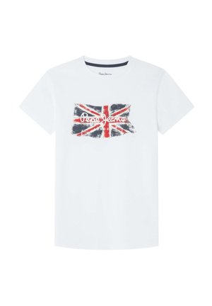 Witte T-shirt met korte mouwen, gestyled met een verweerde Union Jack-vlag en de tekst "Pepe Jeans London" over de borst.