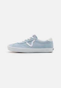 Light blue suede sneaker with white accents, rounded toe, and flat white sole. Features white laces and a minimalist design.