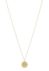 Goldene Halskette mit einem runden Anhänger im Sternbilddesign, verziert mit kleinen, klaren Edelsteinen und einer zarten Kette.