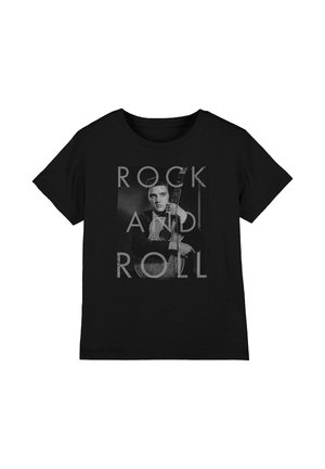 Black T-shirt with a grayscale photo of a man holding a guitar, overlaid with large text reading "ROCK AND ROLL."