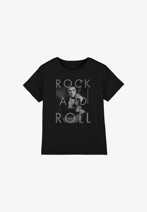 Black T-shirt with a grayscale photo of a man holding a guitar, overlaid with large text reading "ROCK AND ROLL."