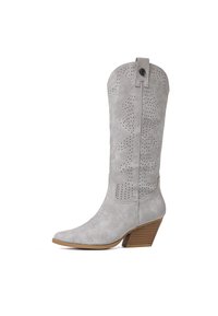 Stivale da cowboy in suede grigio chiaro con punta affusolata, dettagli perforati e tacco impilato. Presenta cuciture decorative sul gambale.
