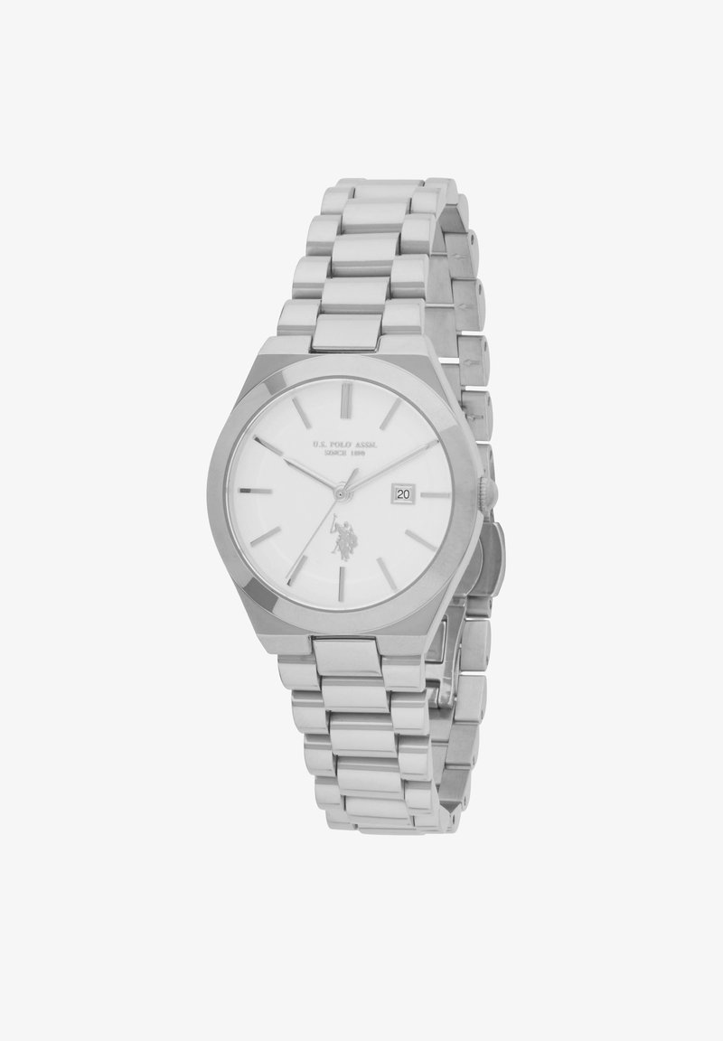 Orologio in acciaio inossidabile silver con cassa ottagonale, quadrante bianco, indicatori delle ore minimalisti in argento, finestra per la data e bracciale a maglie.