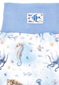 Kindermaterial mit einem hellblauen Rippbund. Der untere Abschnitt hat ein Unterwasser-Muster mit Seepferdchen, Oktopussen und Fischen.