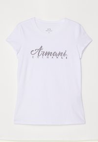 Camiseta blanca de algodón con mangas cortas y cuello redondo, que presenta un diseño de texto de logo "Armani Exchange" en piedras negras en la parte delantera.