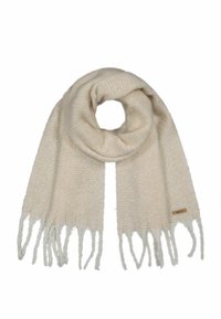 Écharpe beige avec un motif texturé et des extrémités à franges. Fabriquée en matériau doux, conçue dans une forme large et drapée pour le confort.