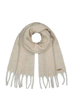 Beige sjaal met een gestructureerd patroon en franjes aan de uiteinden. Gemaakt van zacht materiaal en ontworpen in een brede, hangende vorm voor comfort.