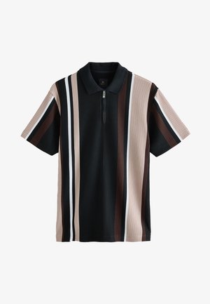 Kortærmet ribbet polo med lodrette striber i sort, beige, brun og hvid, med lynlås foran under kraven.