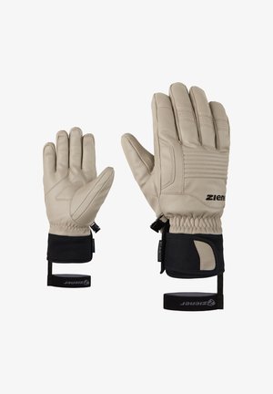 Beige leather gloves with a textured finish, featuring black fabric cuffs and adjustable straps for secure fit. Accent stitching visible.
