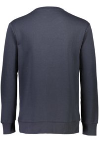 Sudadera azul marino hecha de tela suave; presenta mangas largas, un cuello redondo y puños y dobladillo acanalados, con un diseño simple.