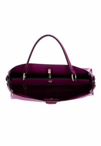 Roze leren handtas met textuur aan de buitenkant, binnencompartiment en dubbele handvatten. Voorzien van een metalen sluiting en contrasterende zwarte voering.