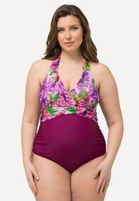 Plavky s květinovým potiskem na vršku v purpurové a zelené barvě, s halter krkem a skladaným bordó spodním dílem, vyrobené z elastického materiálu.