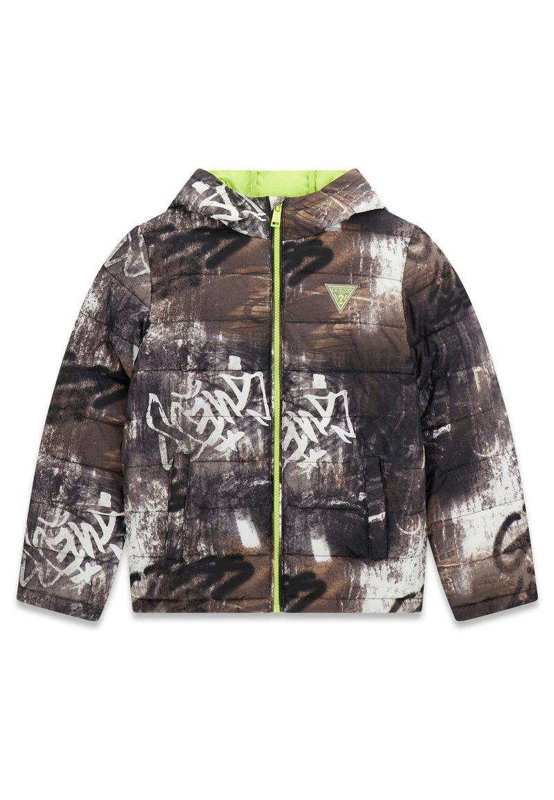 Giacca bomber imbottita con stampa in stile graffiti nei toni del marrone e bianco, con fodera verde brillante e chiusura frontale con cerniera.