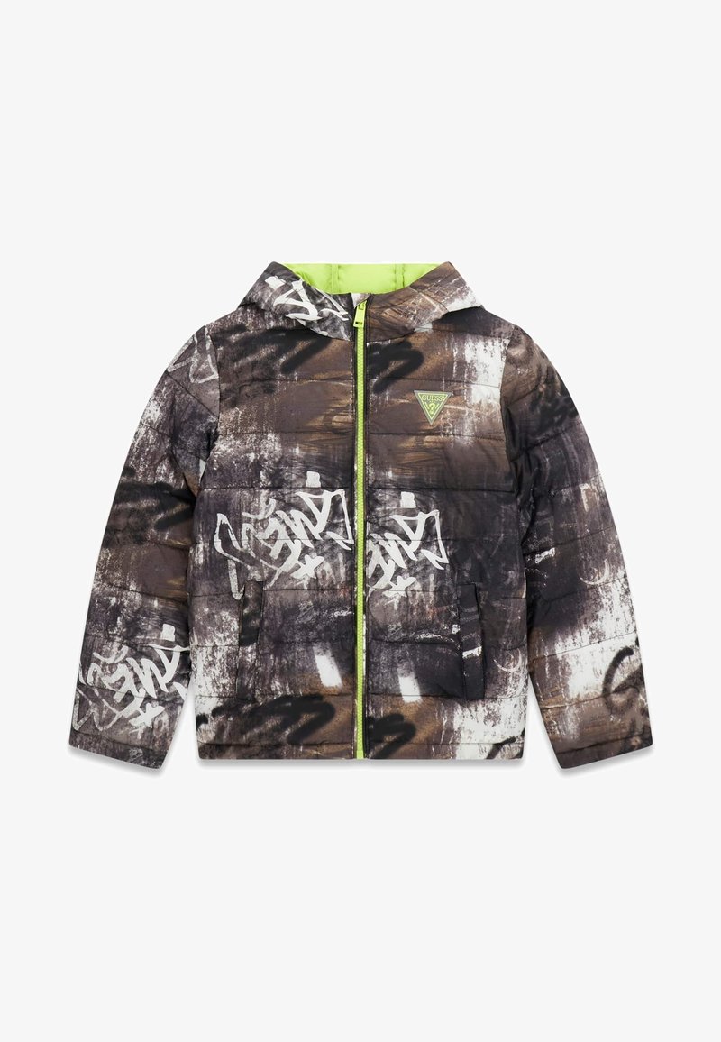 Giacca bomber imbottita con stampa in stile graffiti nei toni del marrone e bianco, con fodera verde brillante e chiusura frontale con cerniera.