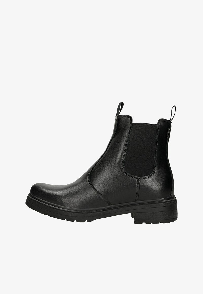 Black leather Chelsea boot with elastic side panels, pull tabs on front and back, and a low block heel with a textured sole.