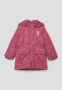 Roze gewatteerde jas met hartjesprint, voorzien van een capuchon, twee voorzakken, een elastische tailleband en een ritsluiting met reflecterende accenten.