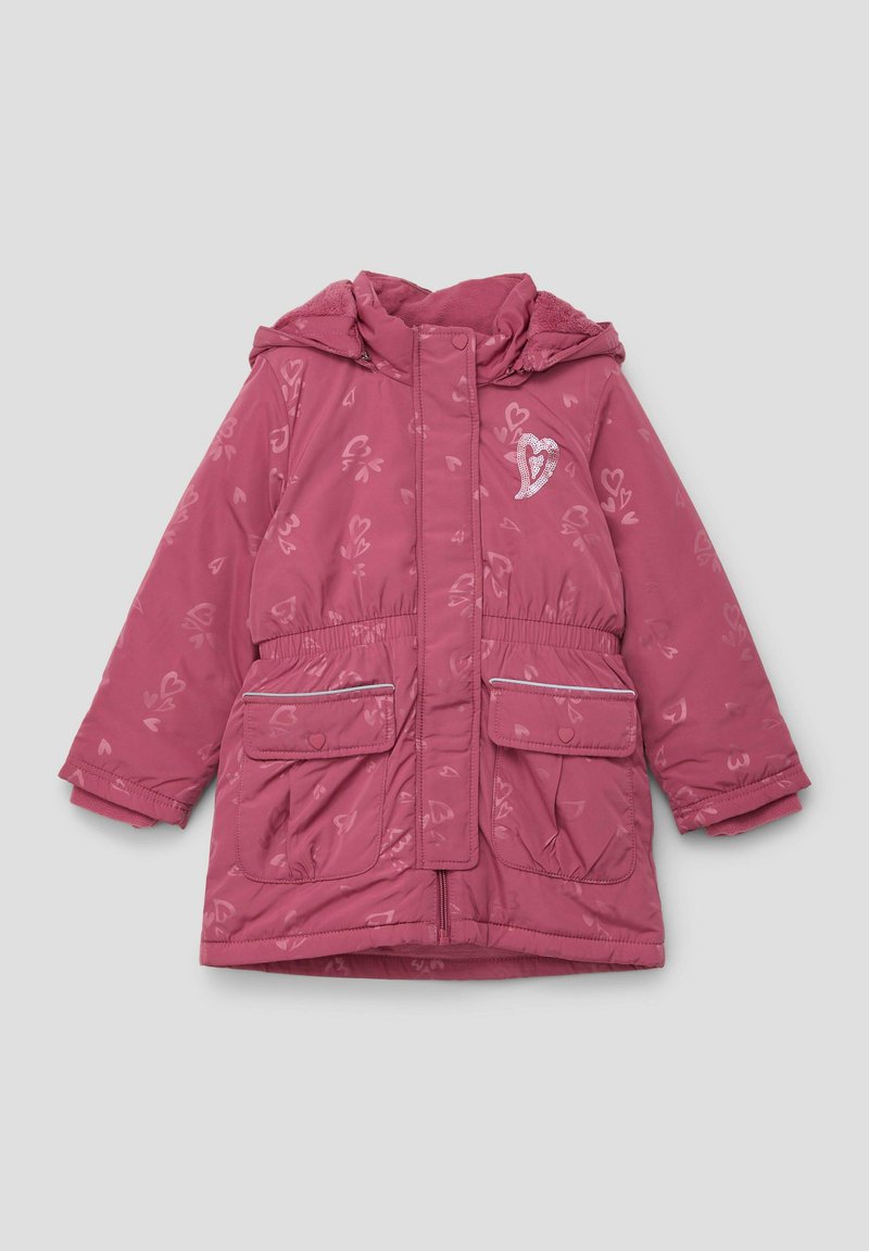Roze gewatteerde jas met hartjesprint, voorzien van een capuchon, twee voorzakken, een elastische tailleband en een ritsluiting met reflecterende accenten.