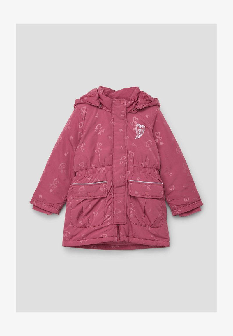 Roze gewatteerde jas met hartjesprint, voorzien van een capuchon, twee voorzakken, een elastische tailleband en een ritsluiting met reflecterende accenten.