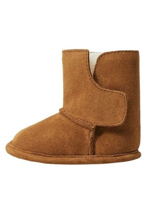 Brown suede baby boot with hook-and-loop closure and soft white interior lining, designed for warmth and easy wear.