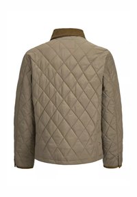 Chaqueta acolchada color marrón claro con costuras en forma de diamante, manga larga y un cuello de pana marrón oscuro, vista desde la parte de atrás.