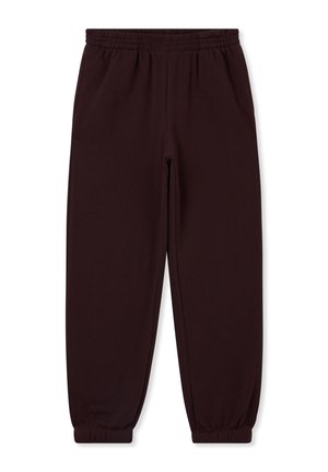 Pantaloni della tuta di un borgogna scuro realizzati in tessuto morbido, con una vita elastica, polsini alle caviglie e una vestibilità rilassata. Senza tasche visibili.