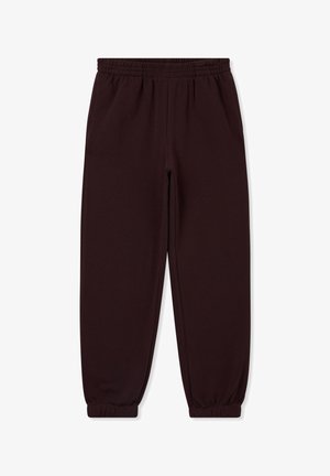 Pantaloni della tuta di un borgogna scuro realizzati in tessuto morbido, con una vita elastica, polsini alle caviglie e una vestibilità rilassata. Senza tasche visibili.