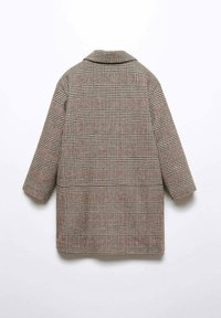Checkered coat in beige, brown, and red hues. Features a collar, long sleeves, and a structured fit. Textured fabric with a classic pattern.