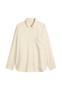Beige Langarmhemd mit Knopfleiste, Brusttasche und klassischem Kragen, aus glattem Stoff gefertigt.