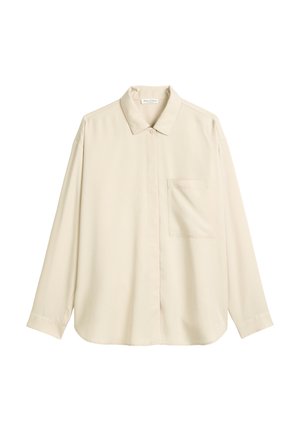 Beige Langarmhemd mit Knopfleiste, Brusttasche und klassischem Kragen, aus glattem Stoff gefertigt.