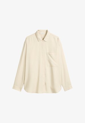 Beige langemouwen knopenoverhemd met een borstzakje en een klassieke kraag, gemaakt van gladde stof.