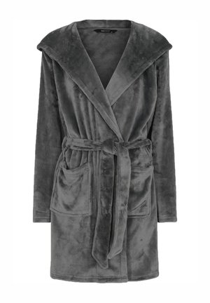 Accappatoio in pile grigio con cappuccio, maniche lunghe, cintura da legare in vita e due tasche frontali. Tessuto morbido e colore uniforme.