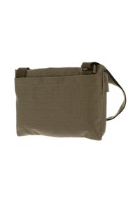 Sac en tissu marron avec une surface texturée, forme rectangulaire, sangle réglable et poche extérieure. Design simple, aucune pièce métallique visible.