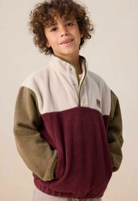 Pull en polaire de couleur crème, olive et bordeaux, avec une fermeture à demi-bouton, un col haut et un ourlet élastique pour un ajustement confortable.