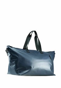 Sac de sport bleu foncé en matériau lisse et imperméable. Dispose de deux poignées et d'une poche latérale zippée. Design simple et fonctionnel.
