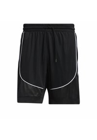 Shorts de sport noirs avec ceinture élastique, cordon de serrage, détails en passepoil blanc et panneaux en mesh sur les côtés et l'avant inférieur.