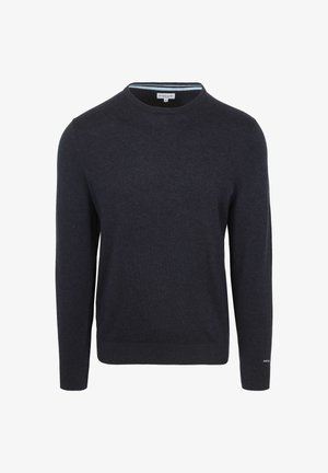 Dunkelblauer Pullover aus einem weichen Strickmaterial, mit Rundhalsausschnitt und langen Ärmeln, die mit gerippten Bündchen und Saum versehen sind.