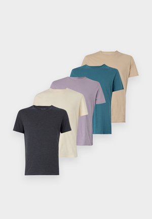 Five short-sleeve t-shirts in dark gray, cream, lavender, teal, and beige. Made of soft fabric with a crew neck and standard fit.