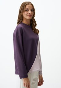 Felpa colorata a blocchi di colore viola e rosa chiaro con scollo rotondo, maniche lunghe e vestibilità morbida, realizzata in tessuto morbido.