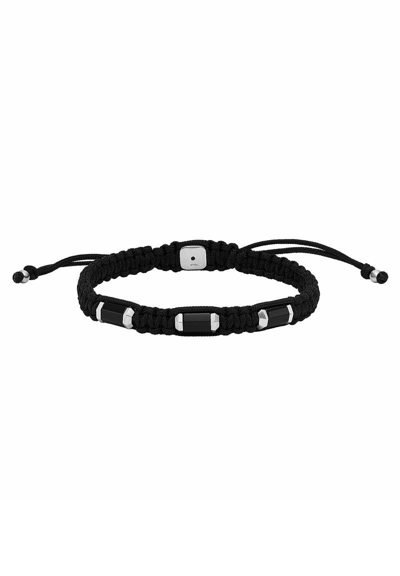 Schwarzes geflochtenes Armband mit silbernen metallischen Akzenten und rechteckigen schwarzen Elementen, verstellbar mit einem Sliding-Knot-Verschluss.