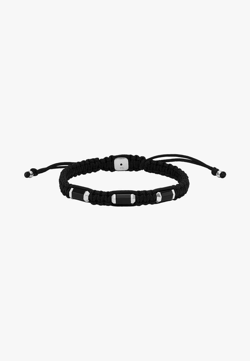 Schwarzes geflochtenes Armband mit silbernen metallischen Akzenten und rechteckigen schwarzen Elementen, verstellbar mit einem Sliding-Knot-Verschluss.