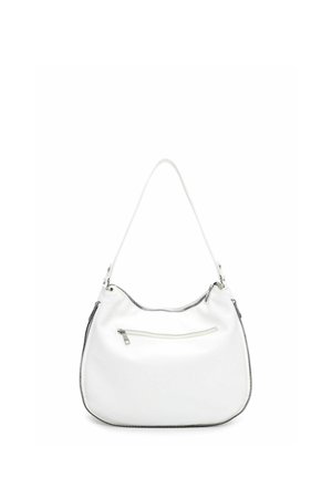 Borsa a tracolla in pelle bianca con tasca frontale con zip e dettagli in argento, caratterizzata da una singola tracolla e una forma rettangolare arrotondata.